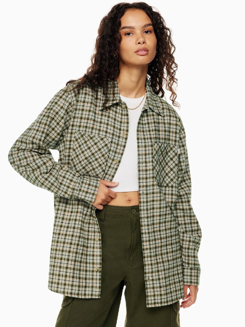 TNA Olive Green Plaid Oversized Utility Shacket